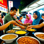 **

A diverse group of Malaysians (Malay, Chinese, Indian) gathered around a nasi lemak stall at a bustling pasar malam (night market). Close-up on the nasi lemak, showing the variety of sambals (pedas/tidak pedas), ikan bilis, peanuts, and eggs. Focus on the happy and engaged expressions of the people.

**