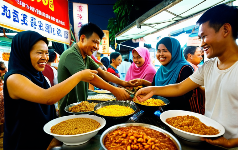 **
A diverse group of Malaysians (Malay, Chinese, Indian) gathered around a nasi lemak stall at a bustling pasar malam (night market). Close-up on the nasi lemak, showing the variety of sambals (pedas/tidak pedas), ikan bilis, peanuts, and eggs. Focus on the happy and engaged expressions of the people.
**