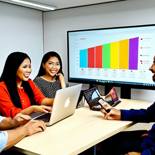 **Image:** A vibrant, modern office scene in Kuala Lumpur, Malaysia. A diverse team is gathered around a large screen displaying a colorful dashboard with marketing metrics like CTR, conversion rate, and CAC. Focus on the expressions of understanding and excitement as they analyze the data. Include visual elements representing Malaysian culture (e.g., batik patterns subtly incorporated in the office decor).