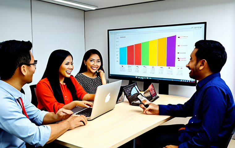 **Image:** A vibrant, modern office scene in Kuala Lumpur, Malaysia. A diverse team is gathered around a large screen displaying a colorful dashboard with marketing metrics like CTR, conversion rate, and CAC. Focus on the expressions of understanding and excitement as they analyze the data. Include visual elements representing Malaysian culture (e.g., batik patterns subtly incorporated in the office decor).