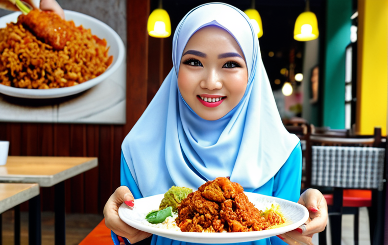 **
A local Malaysian food blogger (wearing a hijab, if appropriate) enthusiastically presenting a plate of Nasi Lemak at a trendy cafe in Kuala Lumpur. Focus on bright, appetizing food photography. Slogan overlayed: "Support Local! #MakanLokal #InfluencerMarketing".
**