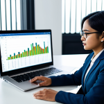 A professional Malay businesswoman in a modest, smart business suit, seated at a modern desk in a brightly lit, contemporary office. She is focused intently on a laptop screen displaying intricate data analytics charts and graphs, with a thoughtful and strategic expression. Her hands are naturally positioned on the desk. The background is blurred slightly to emphasize the subject. Perfect anatomy, correct proportions, natural pose, well-formed hands, proper finger count, natural body proportions, professional photography, high quality, safe for work, appropriate content, fully clothed, professional dress.