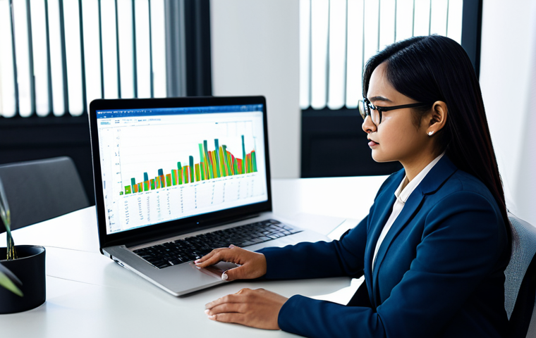 A professional Malay businesswoman in a modest, smart business suit, seated at a modern desk in a brightly lit, contemporary office. She is focused intently on a laptop screen displaying intricate data analytics charts and graphs, with a thoughtful and strategic expression. Her hands are naturally positioned on the desk. The background is blurred slightly to emphasize the subject. Perfect anatomy, correct proportions, natural pose, well-formed hands, proper finger count, natural body proportions, professional photography, high quality, safe for work, appropriate content, fully clothed, professional dress.