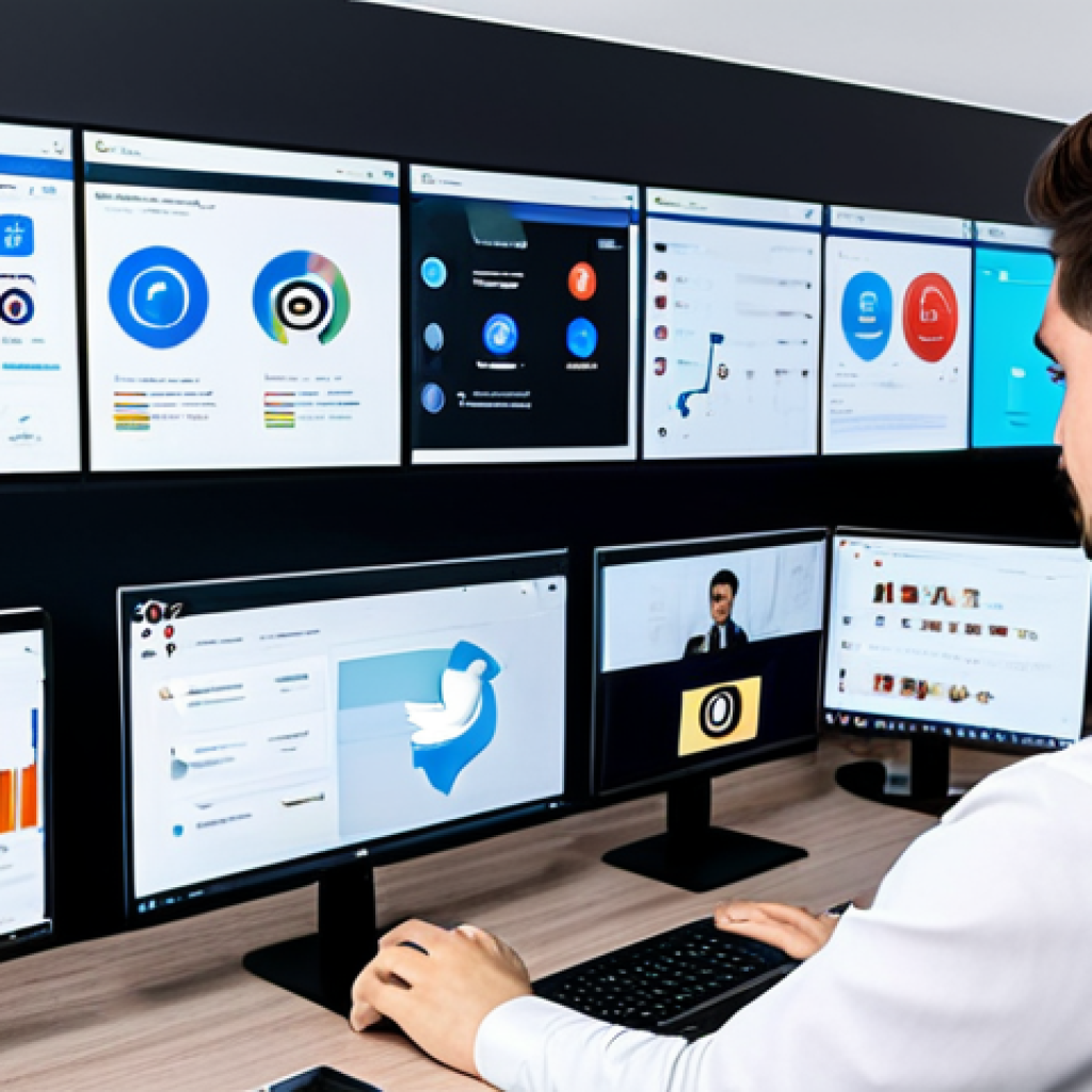 A diverse professional person, fully clothed in appropriate business attire, is seated at a clean, modern desk. They are looking intently at multiple floating holographic screens displaying icons of various social media platforms such as TikTok, YouTube, Instagram, Facebook, Telegram, and Discord, alongside complex data charts and graphs. The setting is a bright, minimalist digital marketing office. The image should convey strategic analysis and digital insight. safe for work, appropriate content, fully clothed, professional, perfect anatomy, correct proportions, well-formed hands, proper finger count, natural body proportions, natural pose, high quality professional photography.