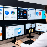 A diverse professional person, fully clothed in appropriate business attire, is seated at a clean, modern desk. They are looking intently at multiple floating holographic screens displaying icons of various social media platforms such as TikTok, YouTube, Instagram, Facebook, Telegram, and Discord, alongside complex data charts and graphs. The setting is a bright, minimalist digital marketing office. The image should convey strategic analysis and digital insight. safe for work, appropriate content, fully clothed, professional, perfect anatomy, correct proportions, well-formed hands, proper finger count, natural body proportions, natural pose, high quality professional photography.