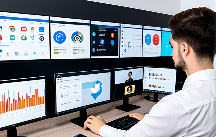 A diverse professional person, fully clothed in appropriate business attire, is seated at a clean, modern desk. They are looking intently at multiple floating holographic screens displaying icons of various social media platforms such as TikTok, YouTube, Instagram, Facebook, Telegram, and Discord, alongside complex data charts and graphs. The setting is a bright, minimalist digital marketing office. The image should convey strategic analysis and digital insight. safe for work, appropriate content, fully clothed, professional, perfect anatomy, correct proportions, well-formed hands, proper finger count, natural body proportions, natural pose, high quality professional photography.