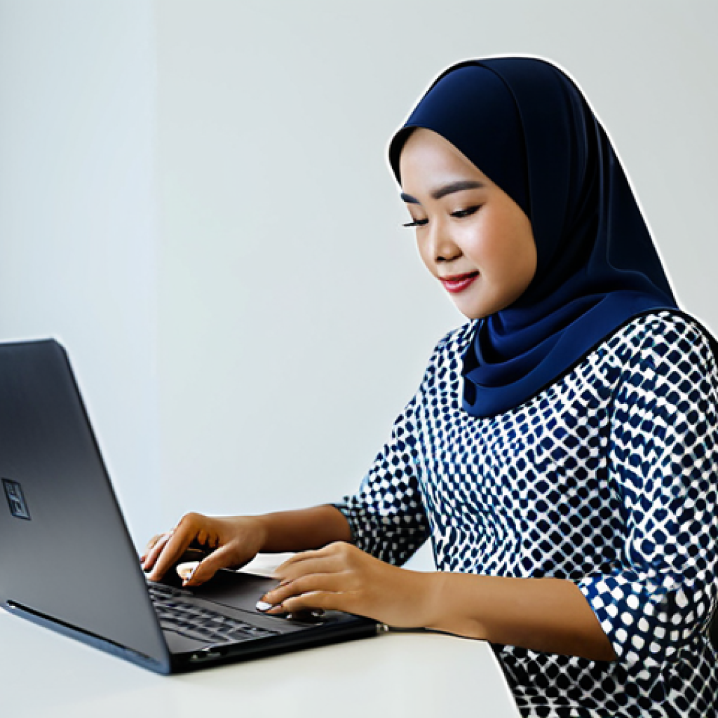 **
"A professional Malaysian woman in a modest Baju Kurung, working on a laptop at a co-working space in Kuala Lumpur, fully clothed, appropriate attire, safe for work, perfect anatomy, natural proportions, modern office setting, high quality, professional photography, family-friendly."
**
