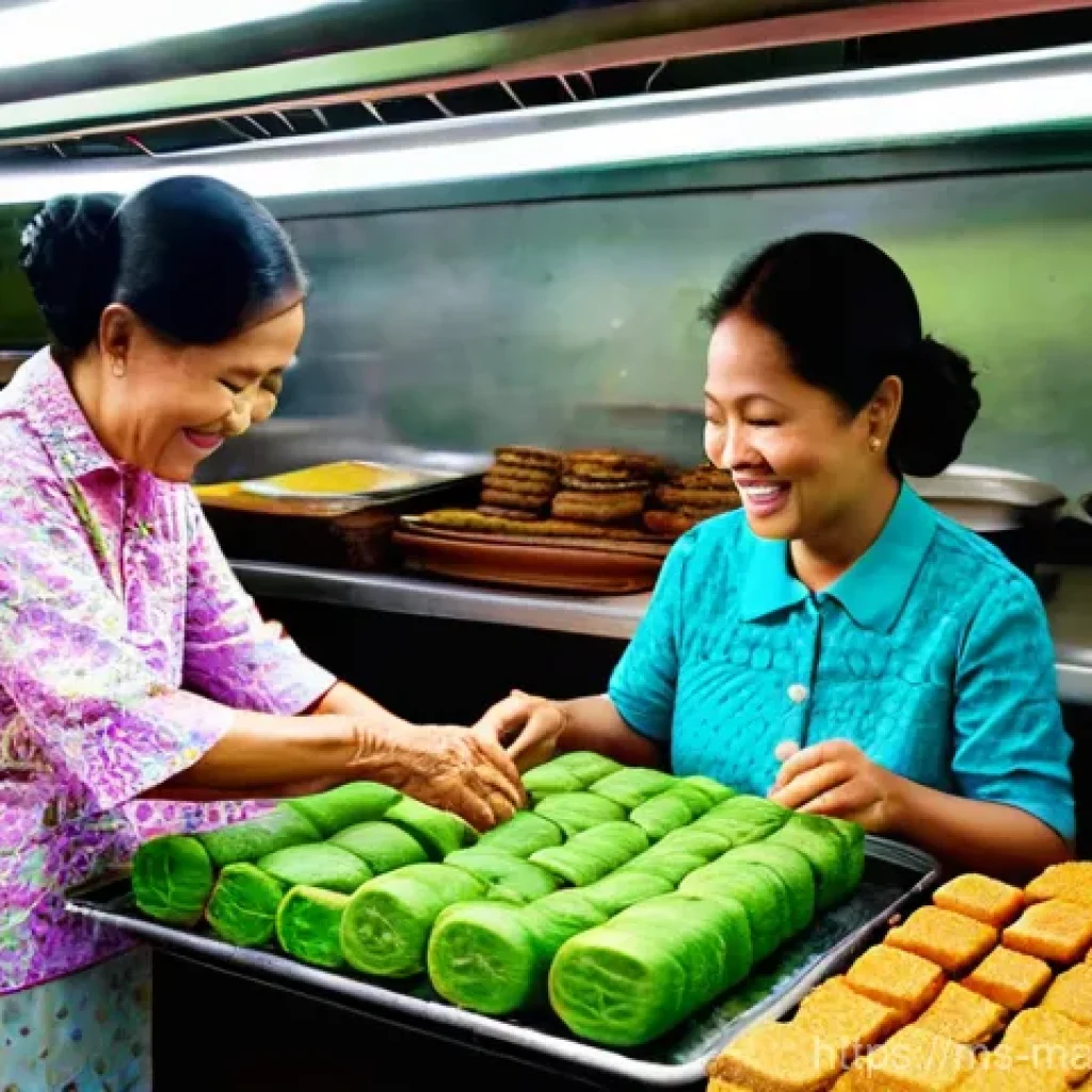지속 가능한 마케팅 전략 기초 - **Prompt:** A heartwarming scene inside a bustling traditional Malaysian kuih (dessert) stall. An el...