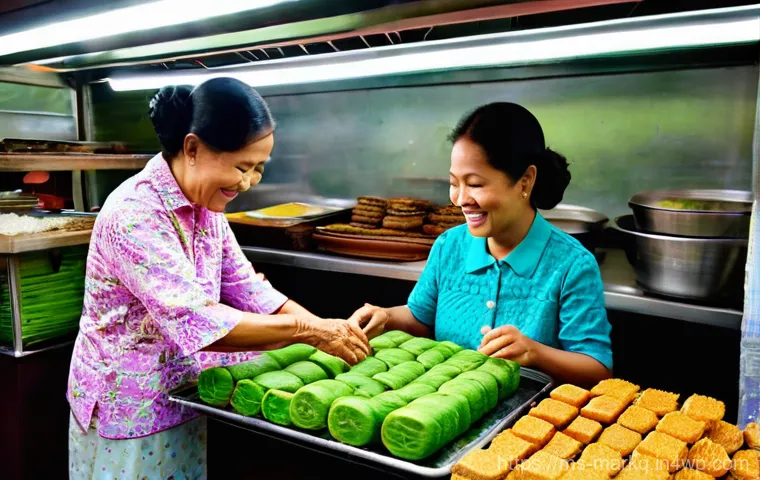 지속 가능한 마케팅 전략 기초 - **Prompt:** A heartwarming scene inside a bustling traditional Malaysian kuih (dessert) stall. An el...