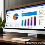 Home 19 마케팅 성과 대시보드 작성법 - A sleek, modern digital marketing dashboard interface displayed on a large widescreen monitor in a b...