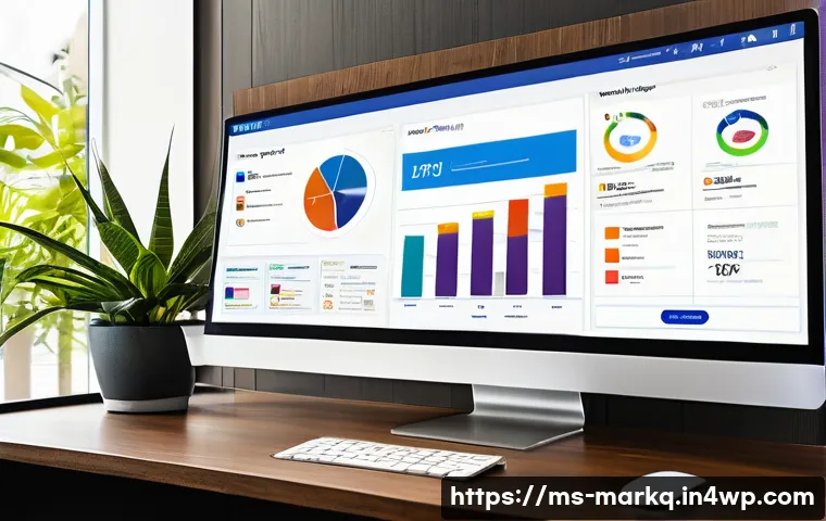 마케팅 성과 대시보드 작성법 - A sleek, modern digital marketing dashboard interface displayed on a large widescreen monitor in a b...