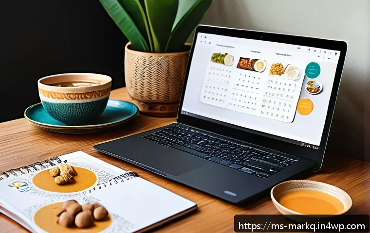 검색 엔진 최적화 SEO 의 기초 - A modern Malaysian food blogger’s workspace featuring a sleek laptop displaying a Google Keyword Pla...