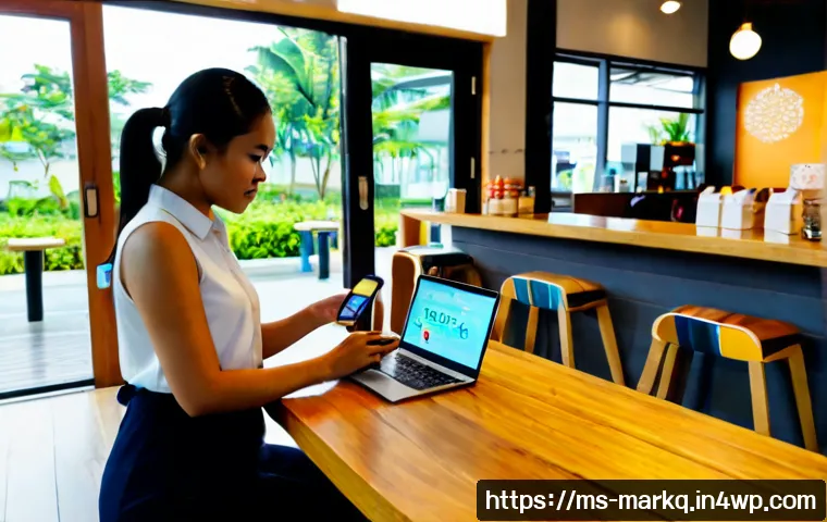 Home 17 소셜 미디어 플랫폼별 특징과 활용 - Photorealistic Malaysian small business owner in a bright modern café, using a smartphone on a woode...